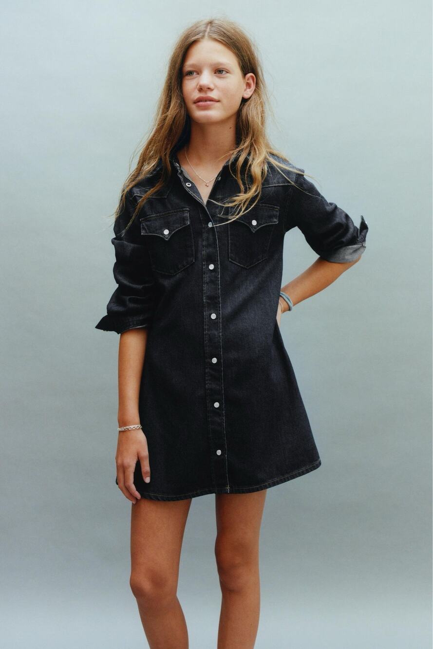 Zara Women's Black Denim Long Sleeve Mini Shirt Dress Size L